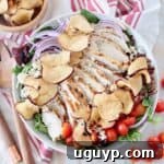 sliced chicken on top of salad in bowl with apple chips