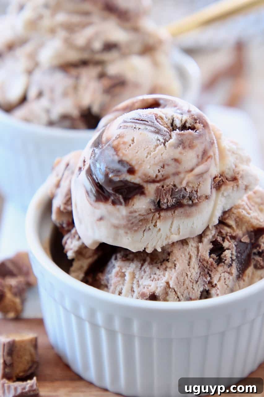 scoops of moose tracks ice cream in small white bowl