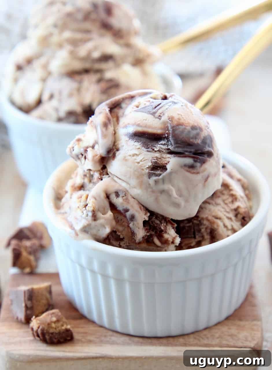 scoops of moose tracks ice cream in small white bowls with gold spoons