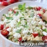 A simple yet elegant bowl of Greek orzo salad with tomatoes, mint, and feta.