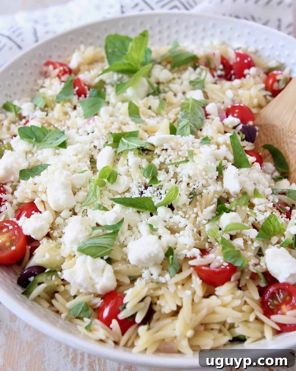 A close-up of orzo pasta salad, elegantly topped with fresh mint and crumbled feta cheese, ready to be enjoyed.