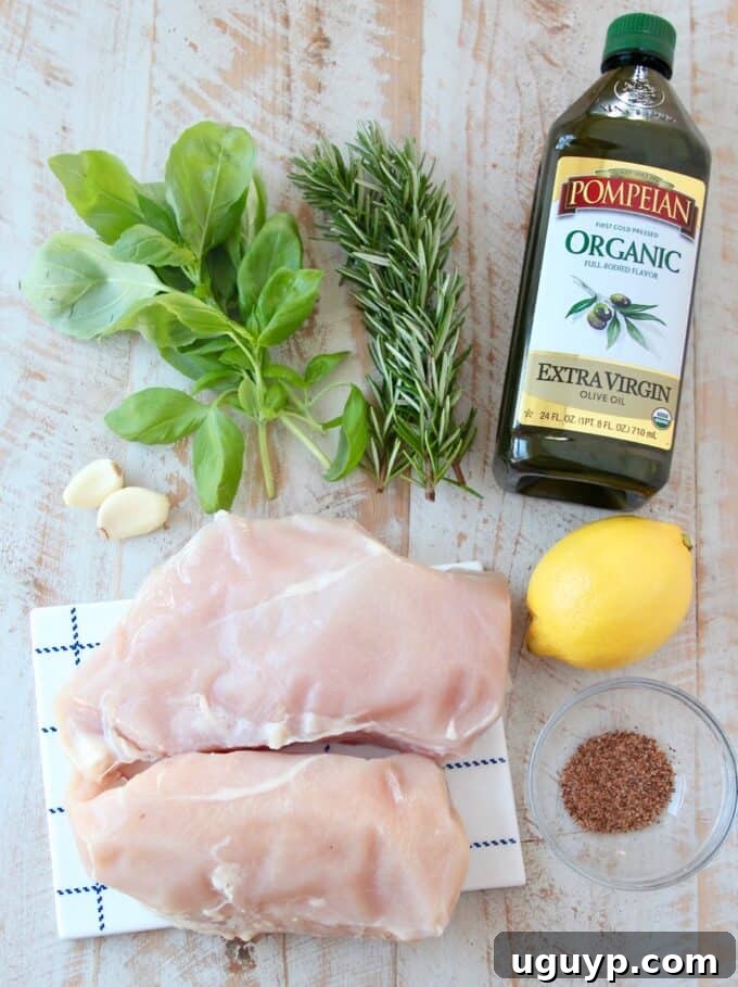 overhead image of ingredients for lemon rosemary chicken breasts