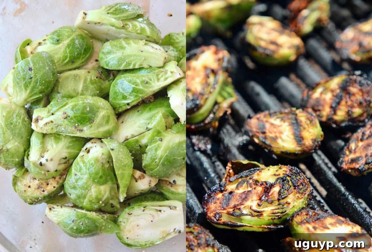 A step-by-step visual collage demonstrating how to prepare and grill Brussels sprouts for a perfect char.