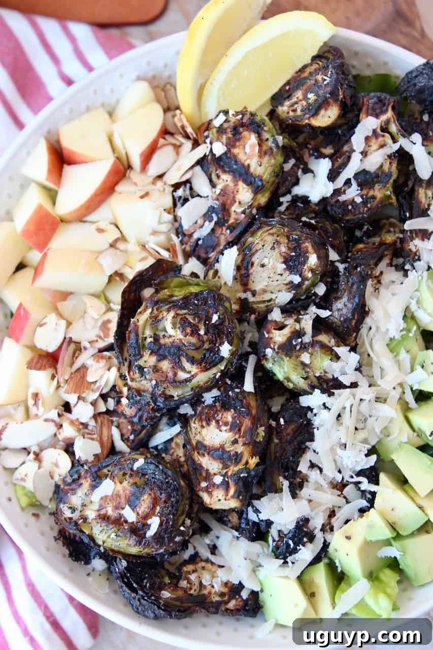 A bowl of crispy grilled Brussels sprouts served alongside a fresh salad, ready for a healthy and flavorful meal.