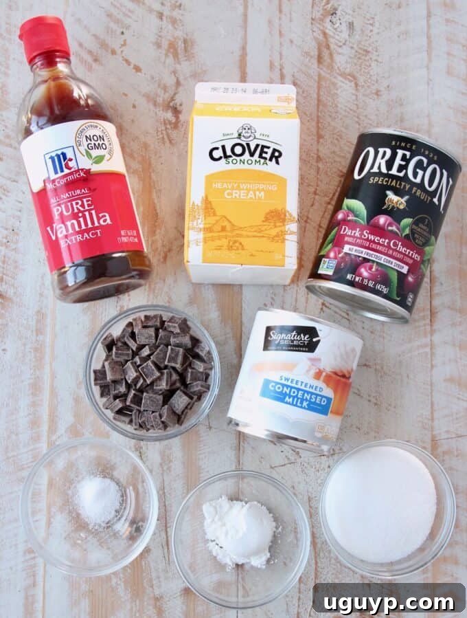 A flat lay photograph displaying all the ingredients required for making no-churn cherry garcia ice cream.