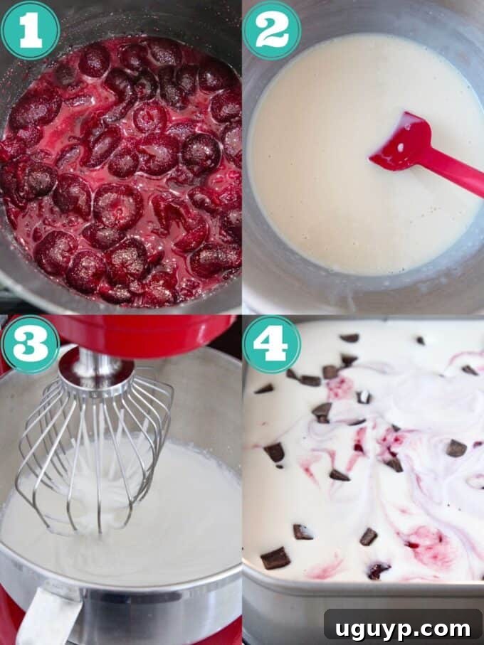 A collage of process images showing how to prepare no-churn Cherry Garcia ice cream step-by-step.
