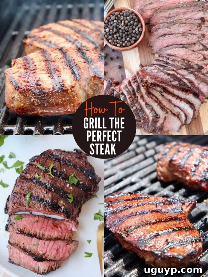 A collage featuring steaks on a hot grill and expertly sliced steaks on plates, showcasing the journey from raw to perfectly cooked beef.