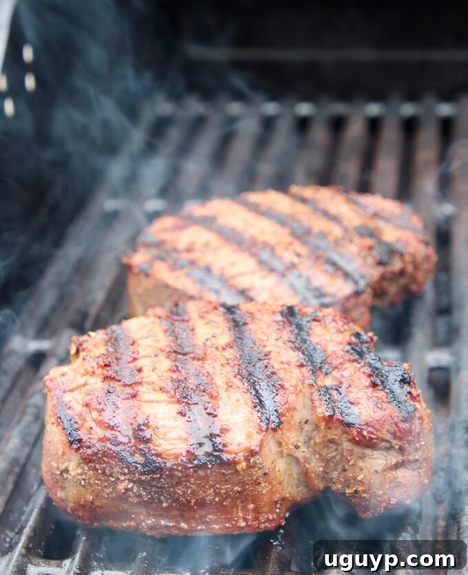 Two thick-cut steaks, possibly T-bones or porterhouses, grilling perfectly on hot grates with distinct sear marks.