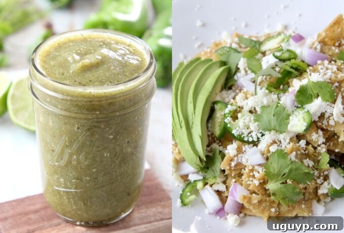 collage of images showing green enchilada sauce in jar and mixed into chilaquiles on plate