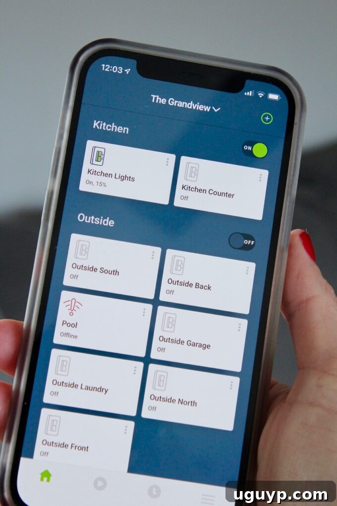A smartphone displaying an app with controls for smart lights, demonstrating remote lighting management.