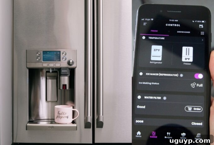 A sleek smart refrigerator alongside a smartphone displaying its dedicated control app.