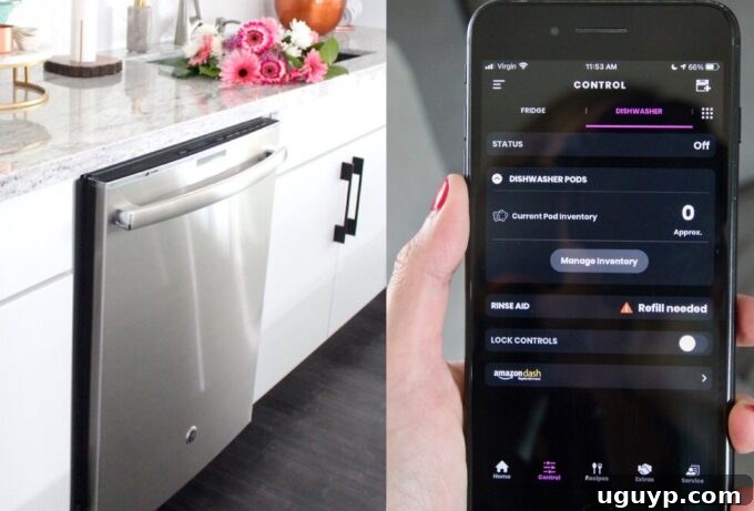 A modern dishwasher in a kitchen setting, with a smartphone displaying its app next to it.