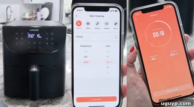 A collage of images demonstrating the use of a WiFi-connected air fryer, showcasing its versatility.