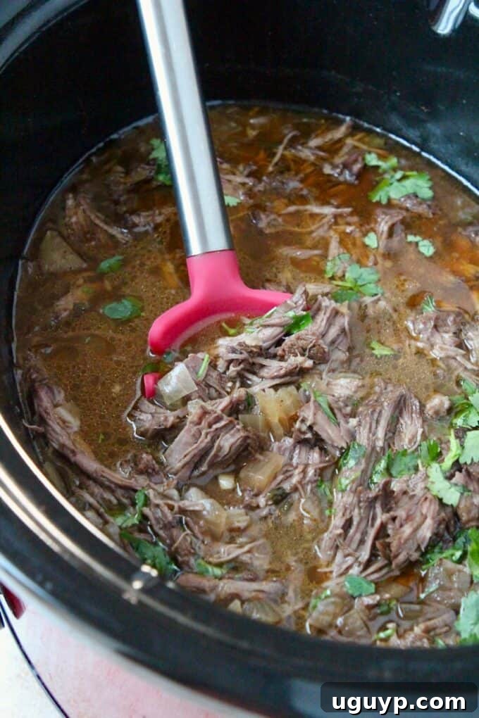 Shredded beef in a crock pot with a red serving spoon, ready to be served.