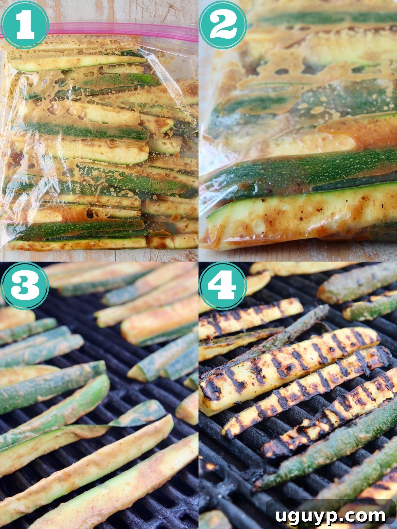 A visual collage illustrating the step-by-step process of marinating and grilling zucchini, from slicing to final charring.