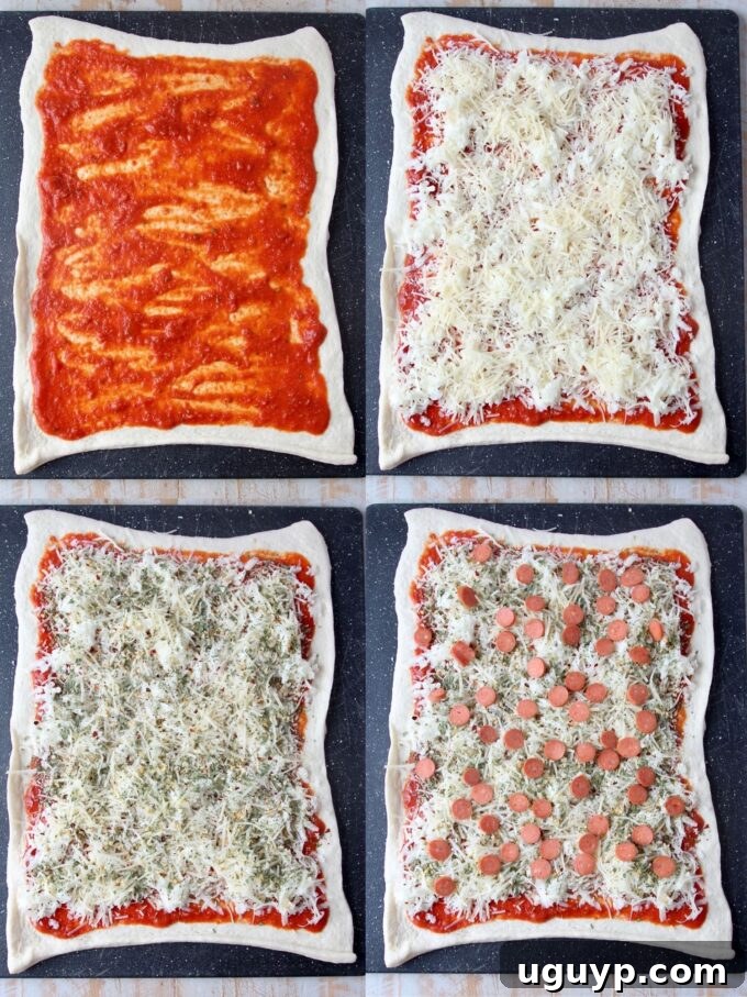 collage of images showing how to make pizza rolls