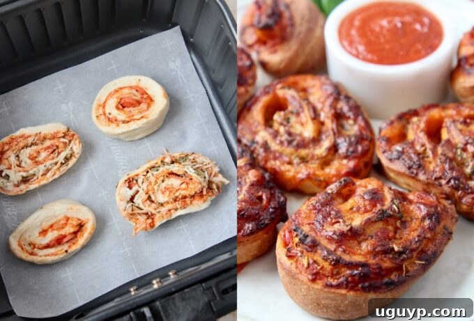 uncooked pizza rolls in air fryer and cooked on a plate