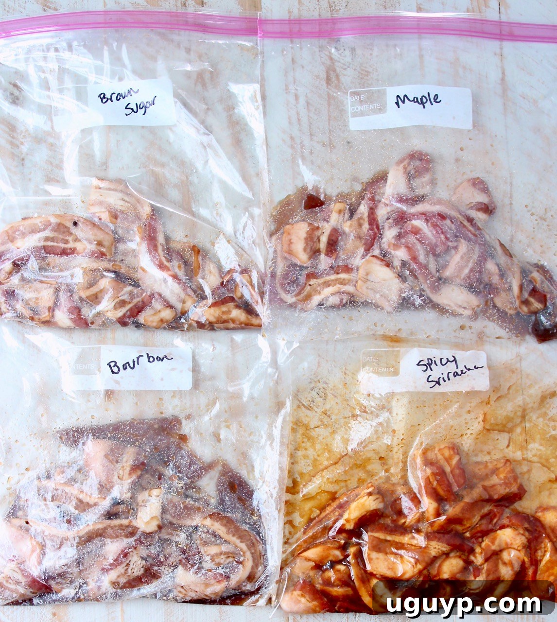 uncooked bacon strips in large zipper bags with various sauces, sugar, and seasonings