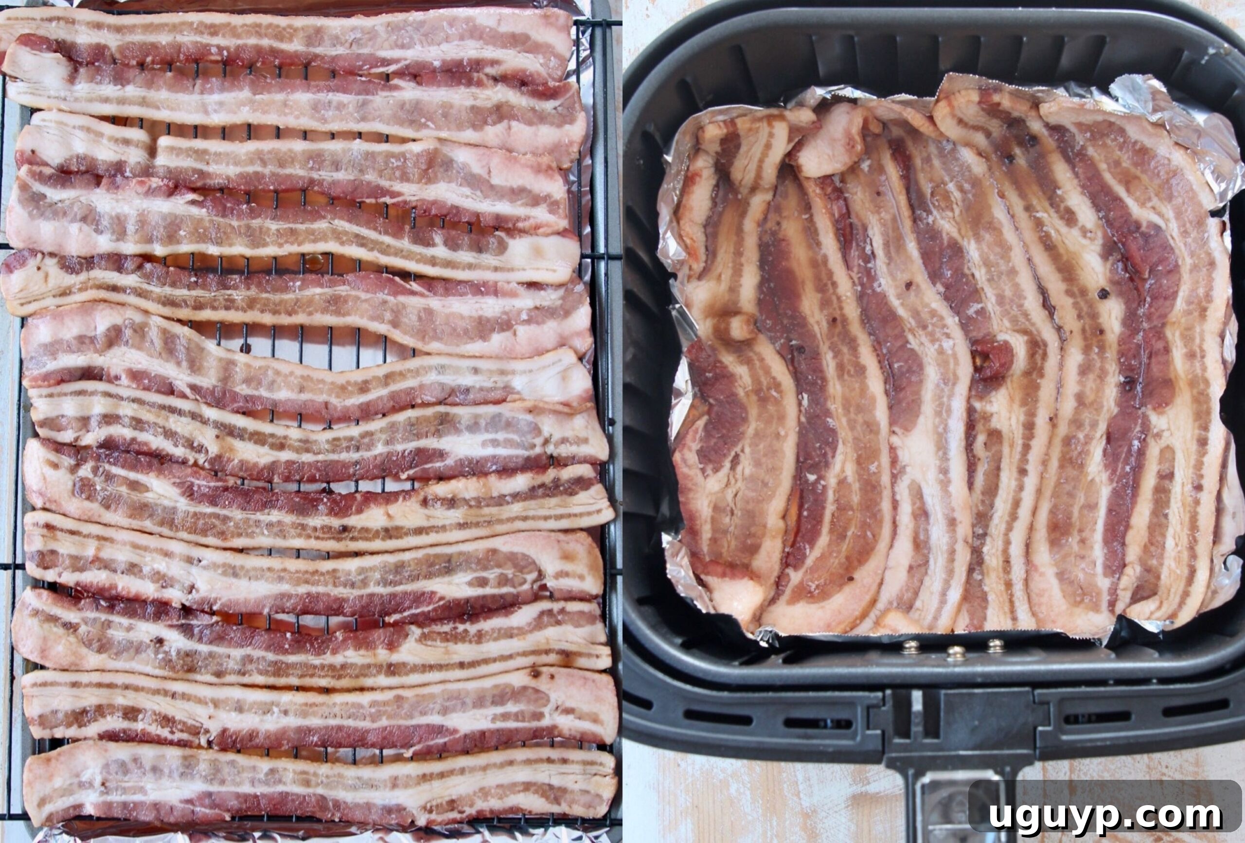 uncooked candied bacon arranged on a baking sheet with a wire rack and in an air fryer basket