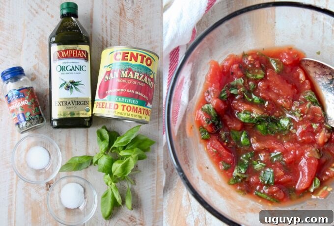 pizza sauce ingredients laid out, with homemade sauce in a glass bowl