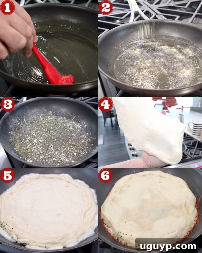 collage of images showing step-by-step how to make seasoned pan pizza