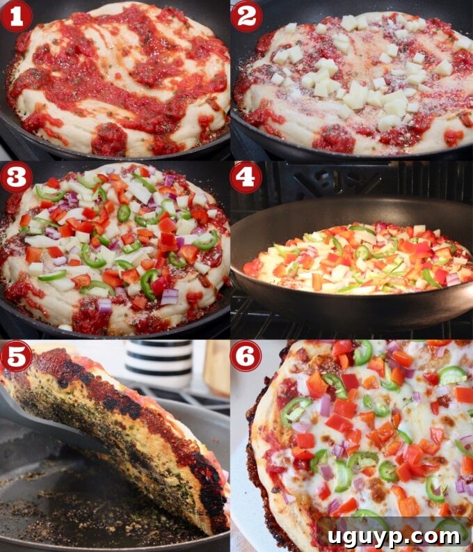 collage of images showing how to add toppings and cook pan pizza