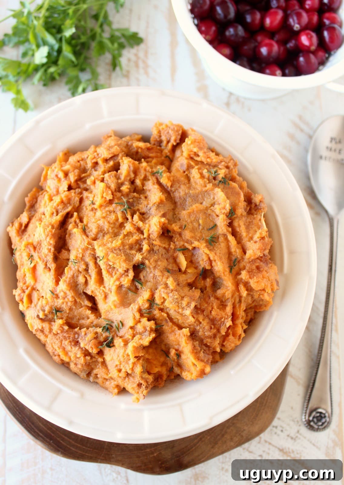 Creamy mashed sweet potatoes in a white bowl, garnished with a sprinkle of cinnamon.
