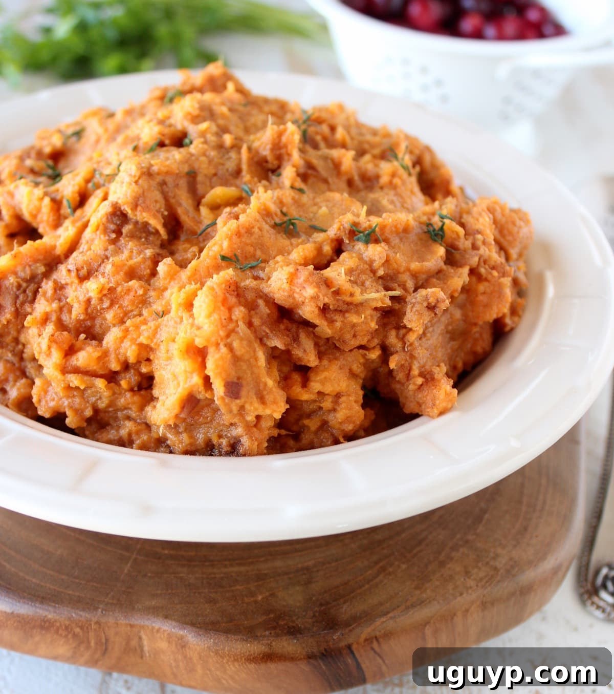 Close-up of fluffy mashed sweet potatoes in a serving bowl.