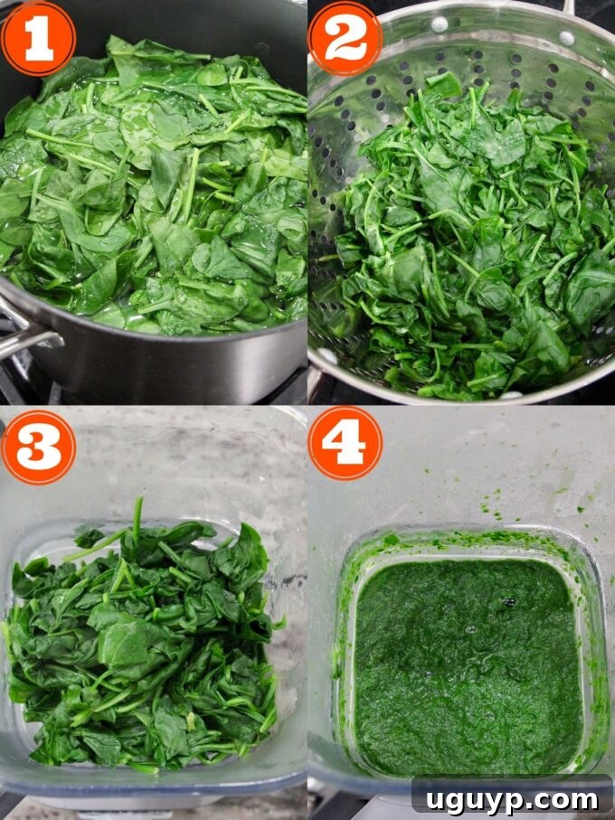 Collage showing the process of boiling and pureeing spinach for Palak Paneer.