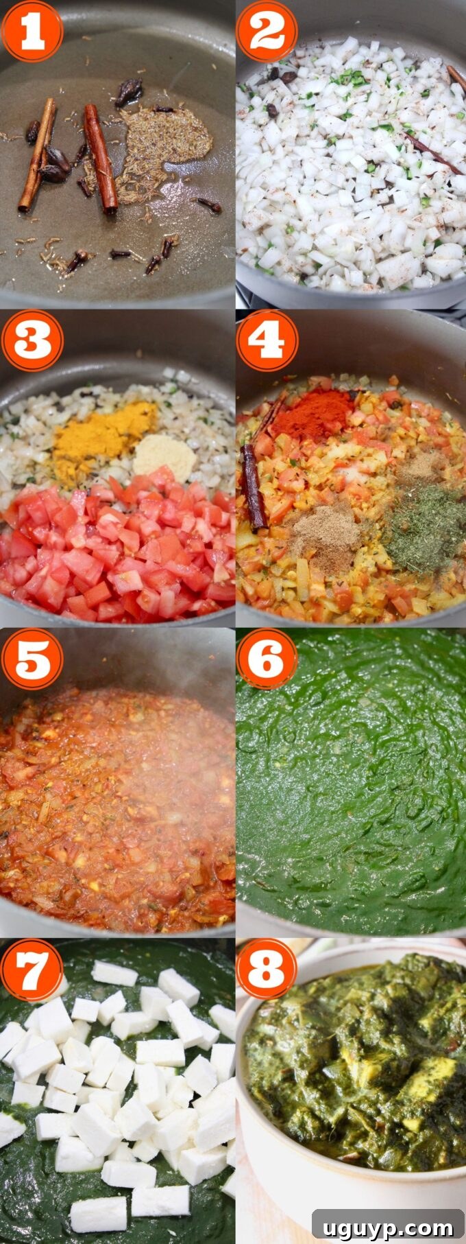Collage showing various stages of cooking Palak Paneer from tempering spices to adding spinach and paneer.
