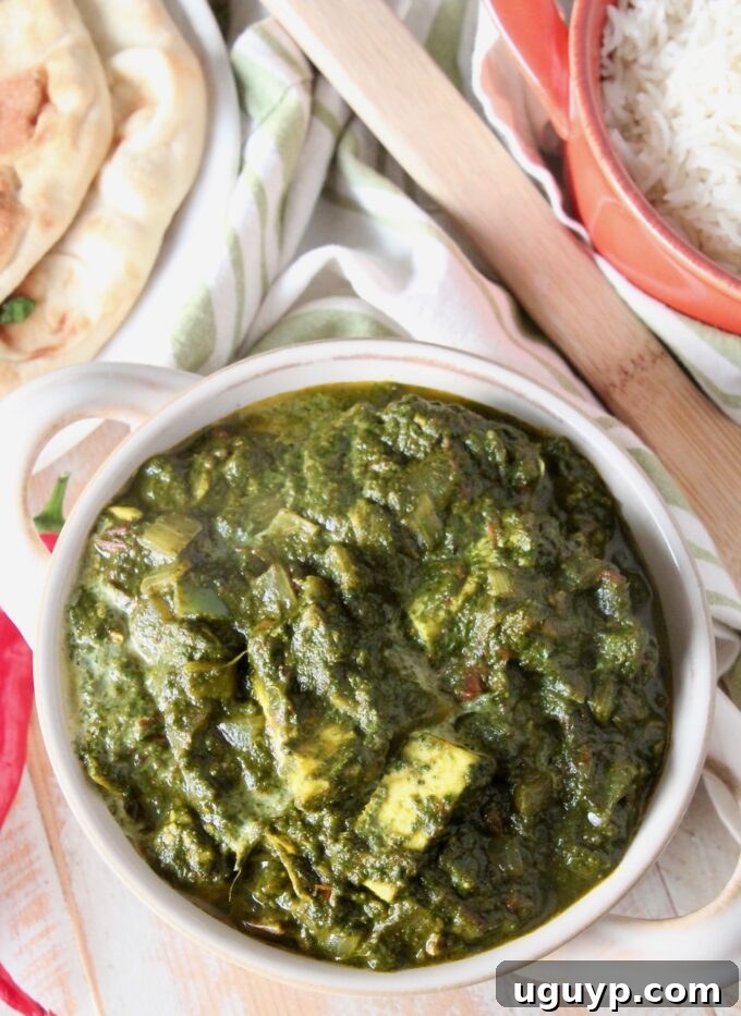 Close-up of Palak Paneer in a white bowl, showing the vibrant green spinach and cubes of paneer.