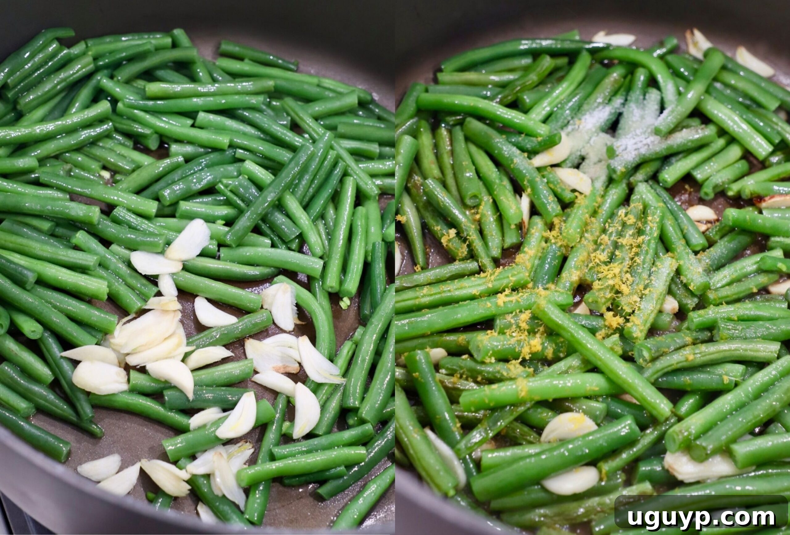 Two images side-by-side showing green beans being sautéed in a skillet with garlic and olive oil, capturing the cooking process.