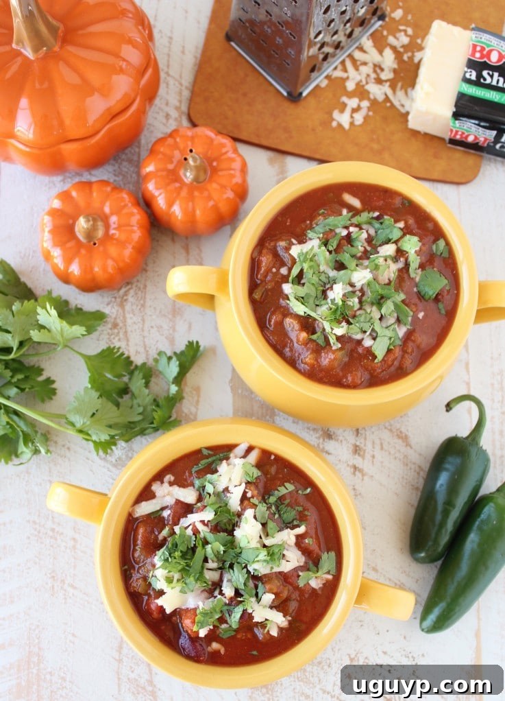 Two yellow bowls filled with Pumpkin Chili garnished with melted cheese and cilantro on a wooden surface surrounded by jalapeños, cilantro, and pumpkins.