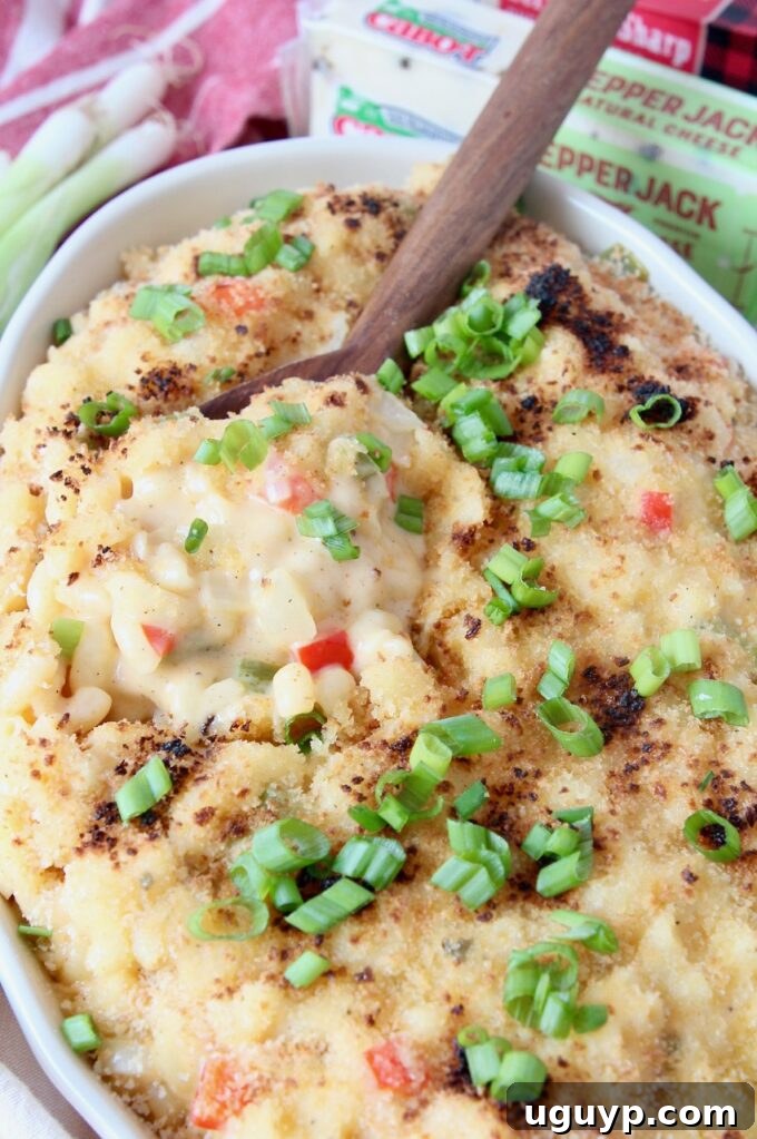 mac and cheese topped with diced green onions in bowl
