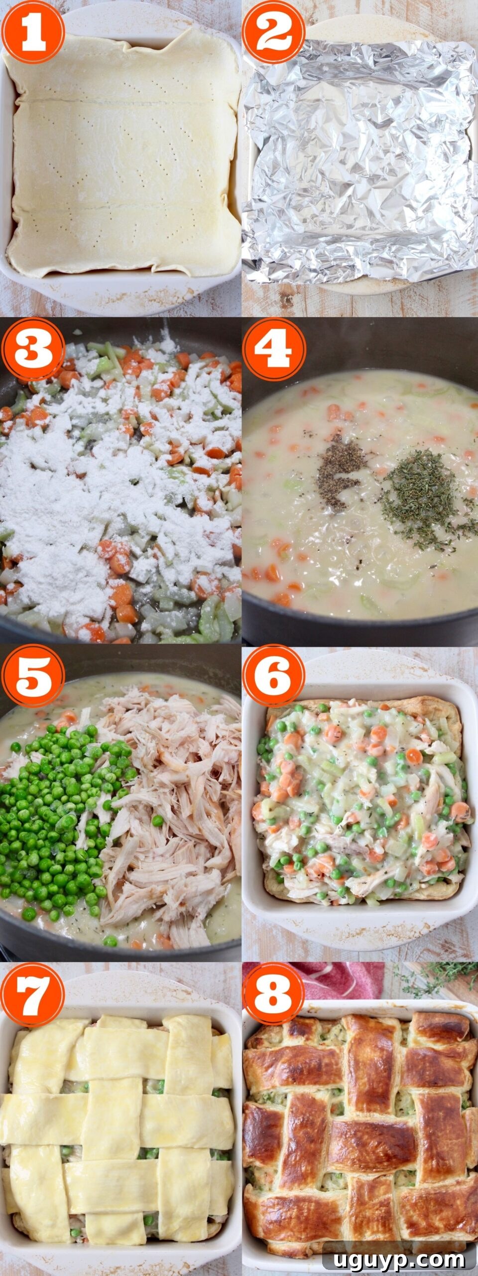 collage of images showing how to make chicken pot pie