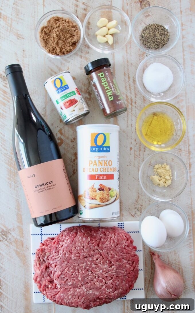 A collage of fresh ingredients needed for making beef meatballs and red wine BBQ sauce, including ground beef, shallots, garlic, panko, eggs, and spices