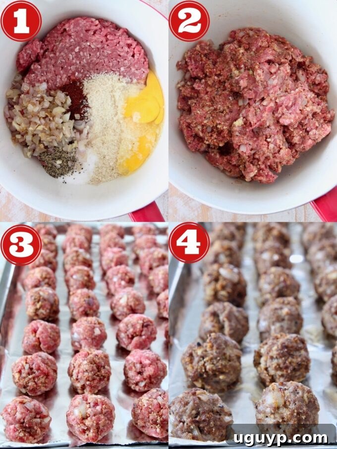 A step-by-step visual guide showing the process of mixing ingredients and forming baked beef meatballs.