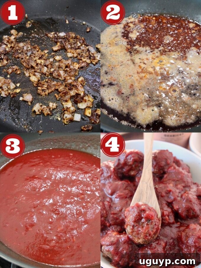 A step-by-step visual guide demonstrating how to prepare the rich and flavorful red wine BBQ sauce for the meatballs.