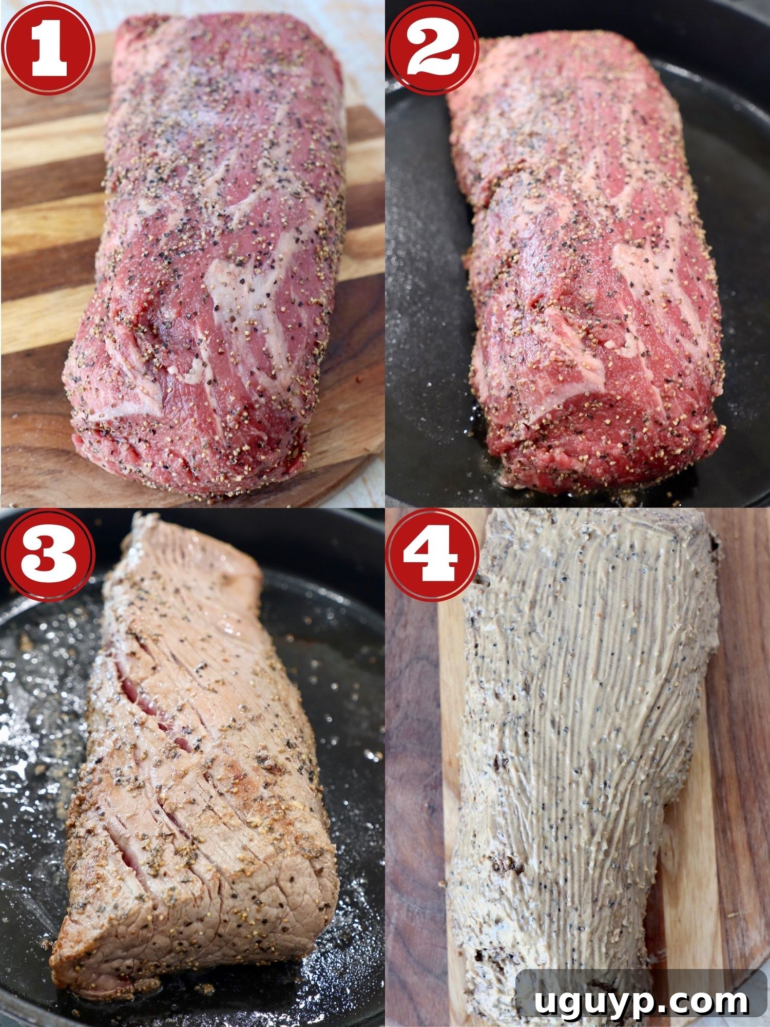 collage of images showing how to sear beef tenderloin