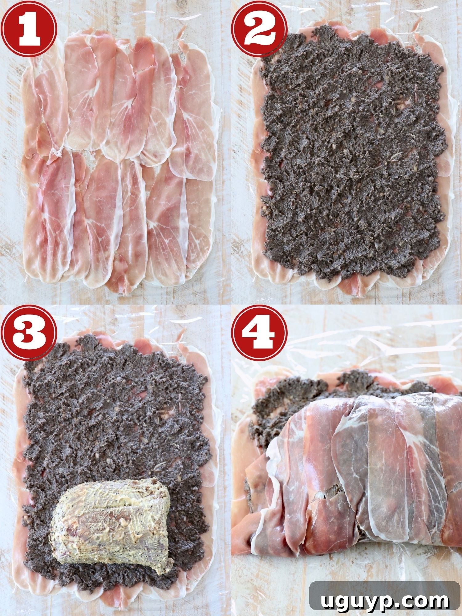 collage of images showing how to make beef wellington