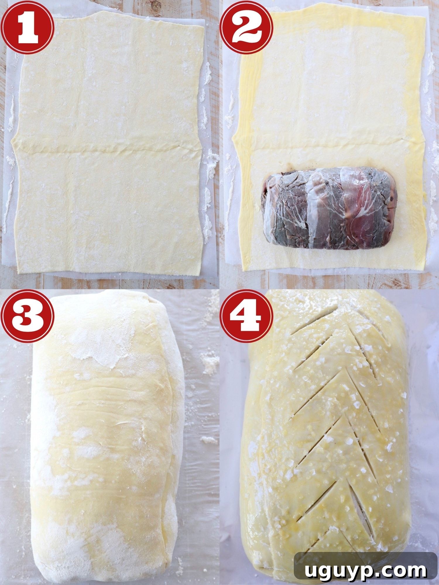 collage of images showing how to make beef wellington
