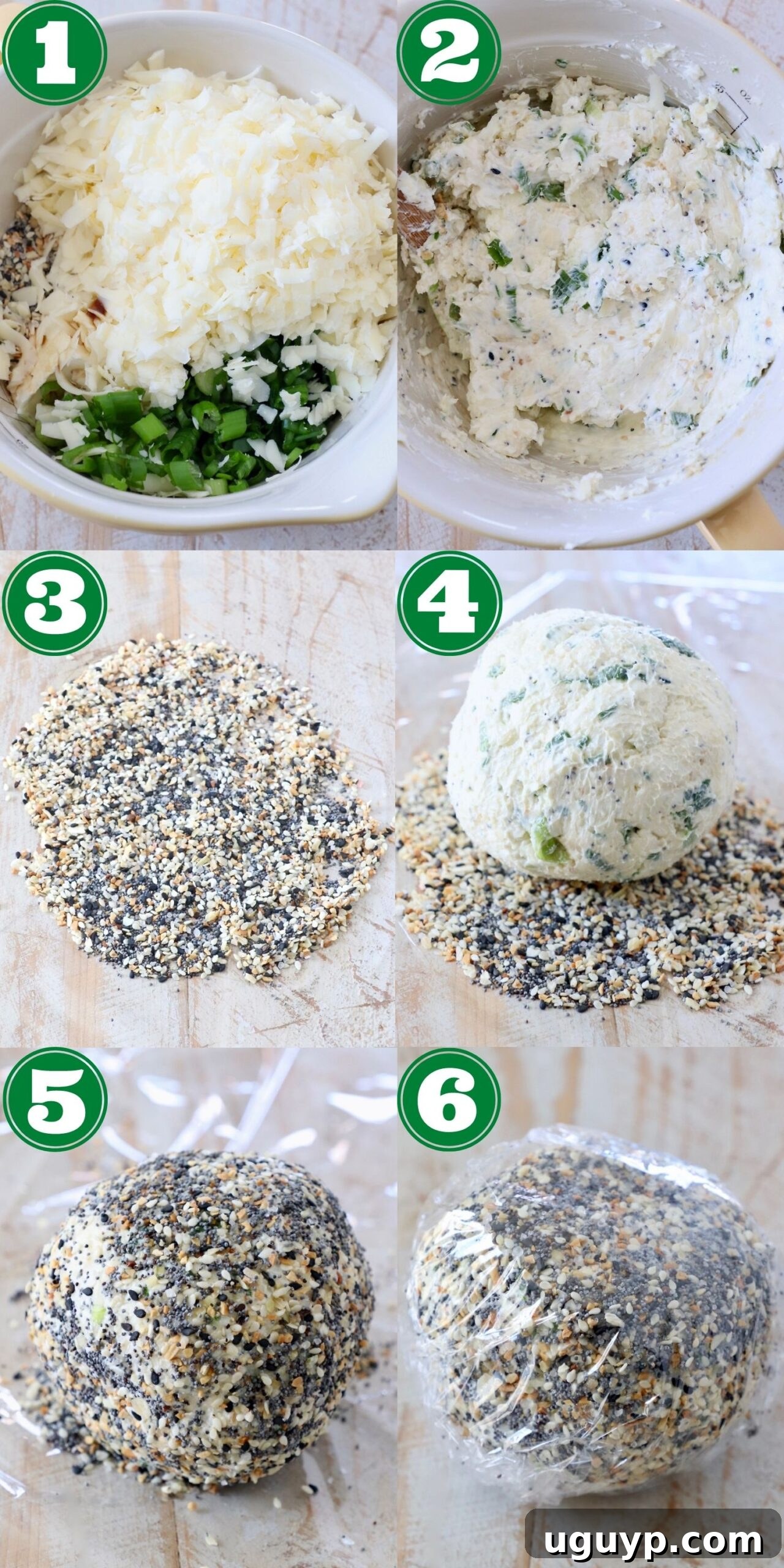 A collage of step-by-step images demonstrating how to easily make an Everything Bagel Cheddar Cheese Ball.