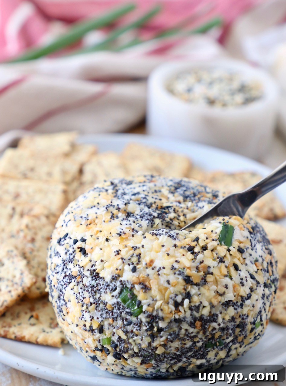 A close-up of the Everything Bagel Cheddar Cheese Ball, showing its crunchy coating and creamy texture, with a cheese spreader in it.