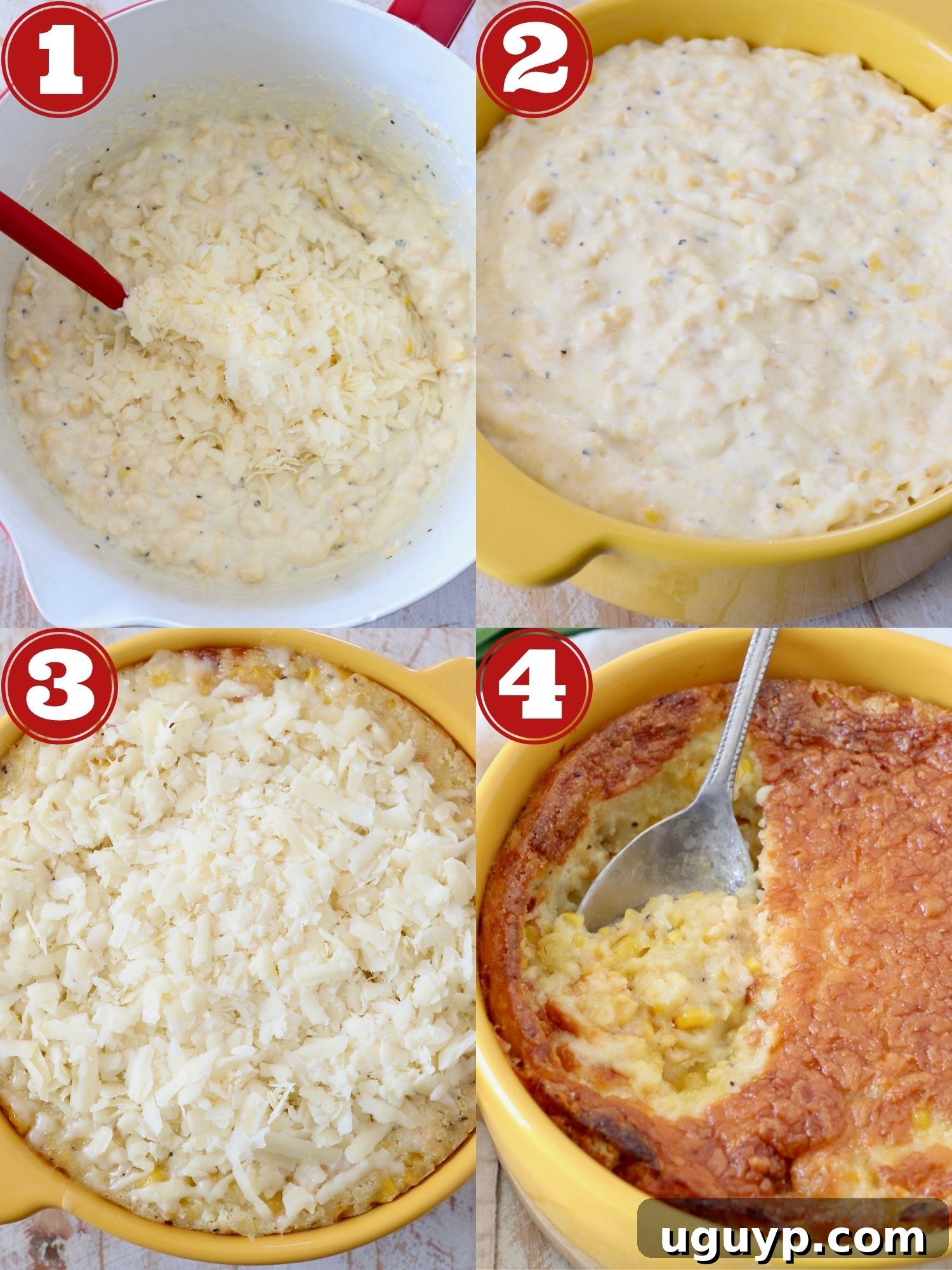 A visual guide showing the steps to prepare the corn casserole, from mixing ingredients to adding cheese topping.