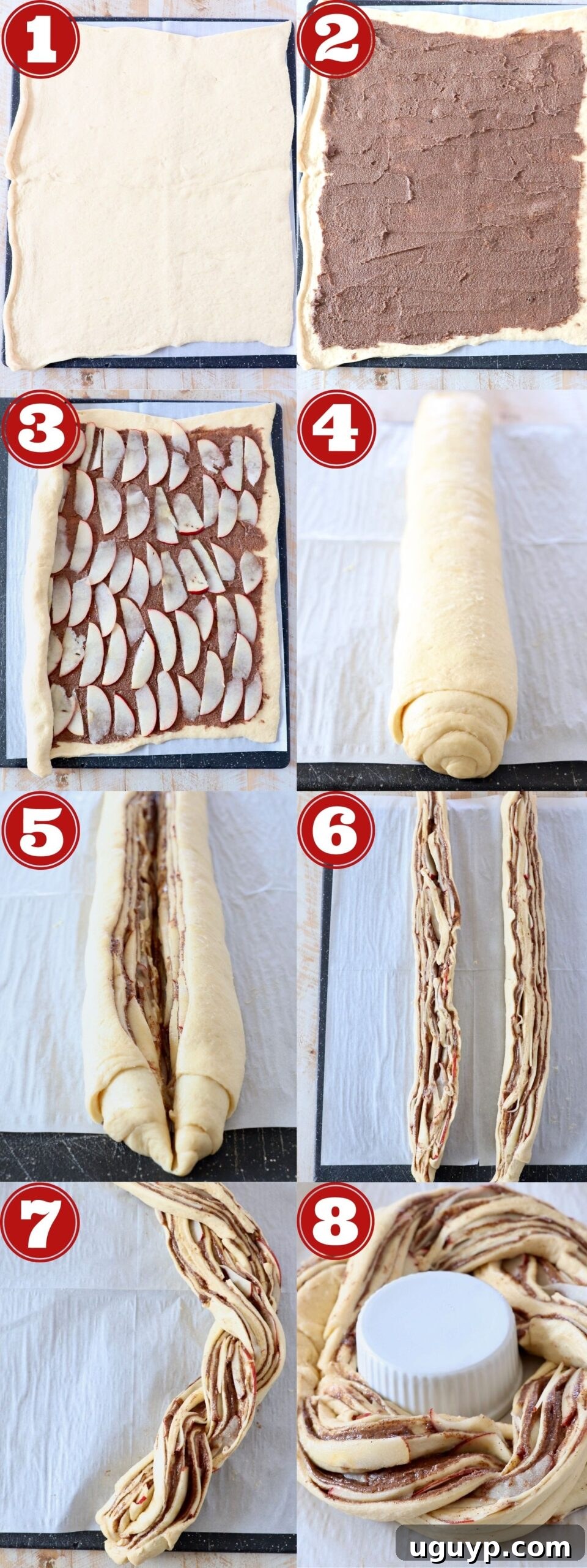 A collage of step-by-step images demonstrating how to prepare and braid the apple cinnamon roll wreath dough.