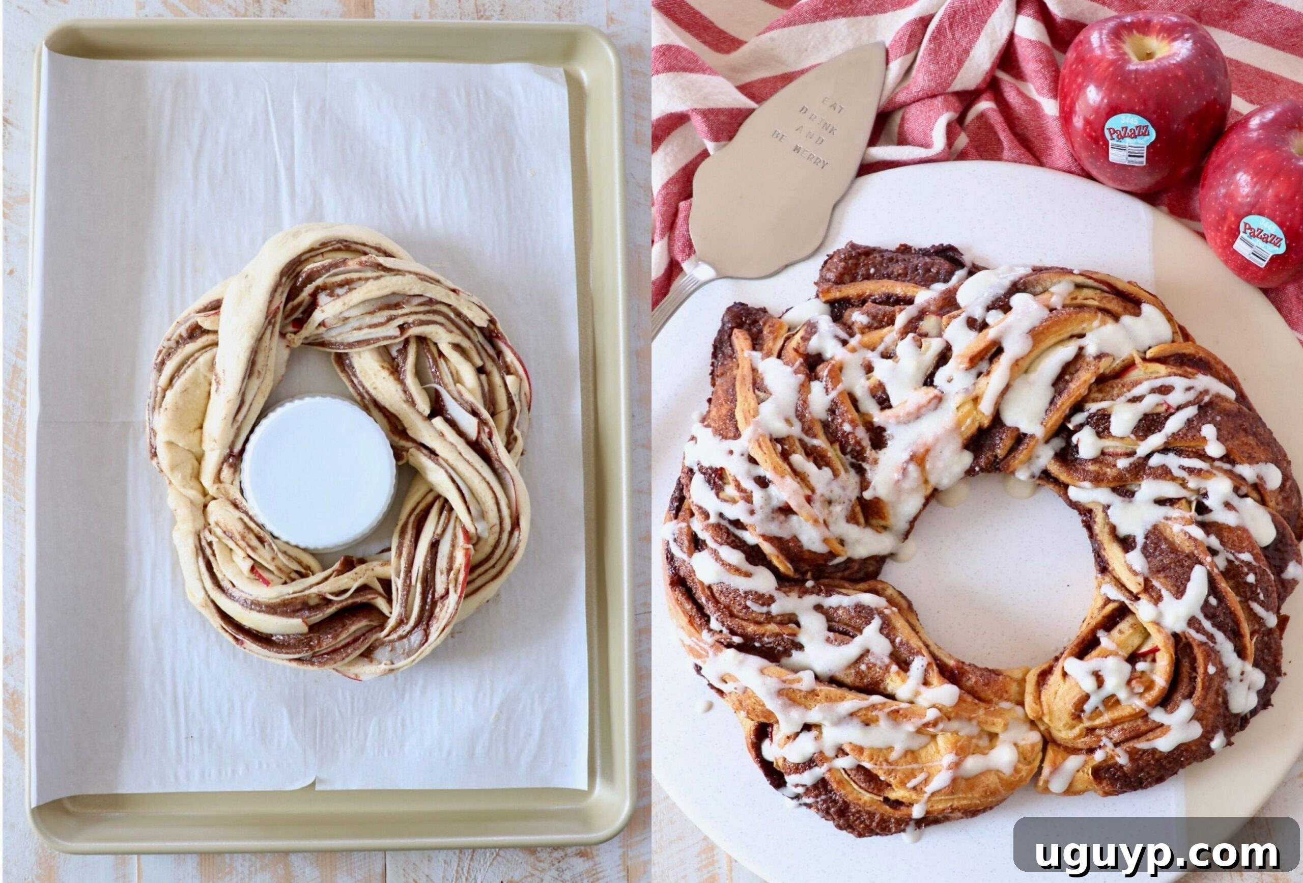 A comparison image showing an unbaked apple cinnamon roll wreath on a baking sheet next to a fully baked and decorated wreath on a serving tray, highlighting the transformation.