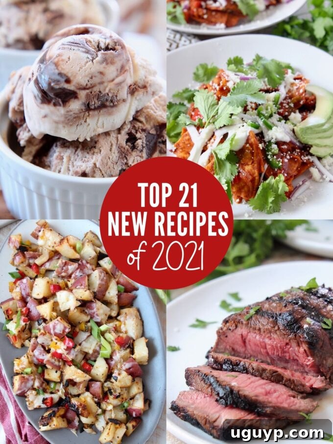 A vibrant collage showcasing top recipes from 2021, featuring creamy ice cream, savory chilaquiles, perfectly grilled steak, and cheesy potatoes, representing the year's most beloved dishes.