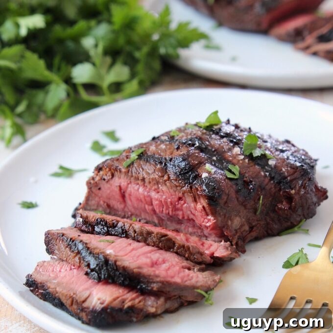 Sliced grilled sirloin steak on a plate with a fork, showing its perfectly cooked interior and savory juices.
