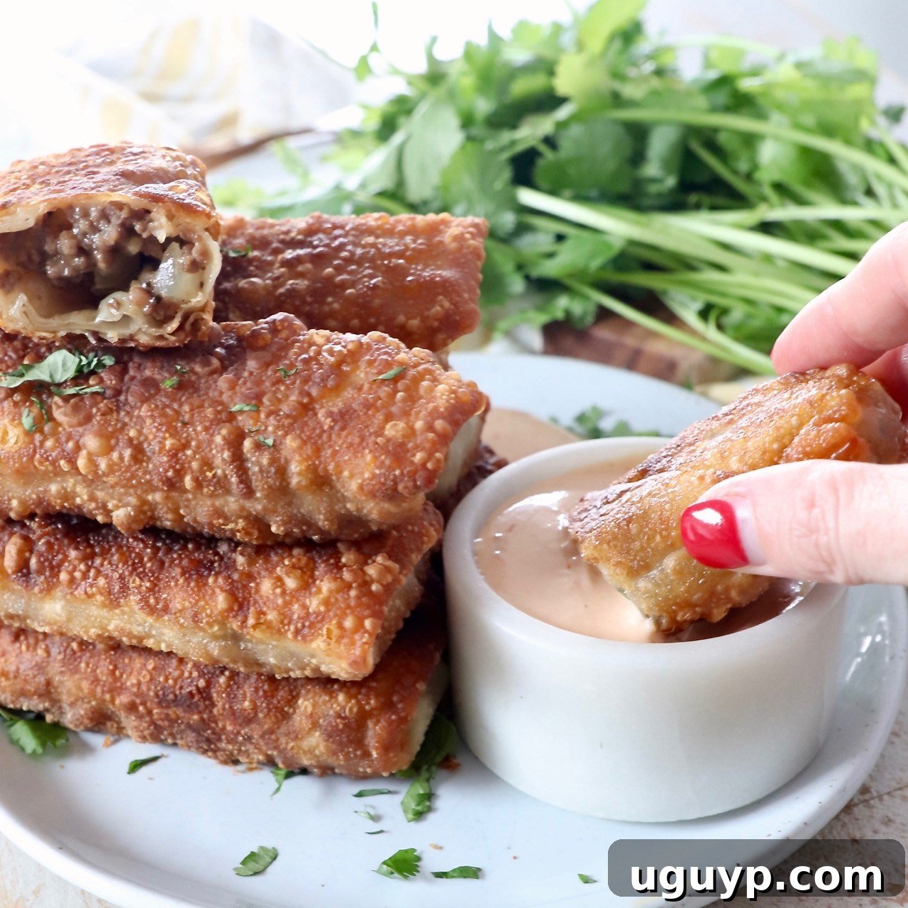 hand dipping cheeseburger egg roll into sauce in bowl