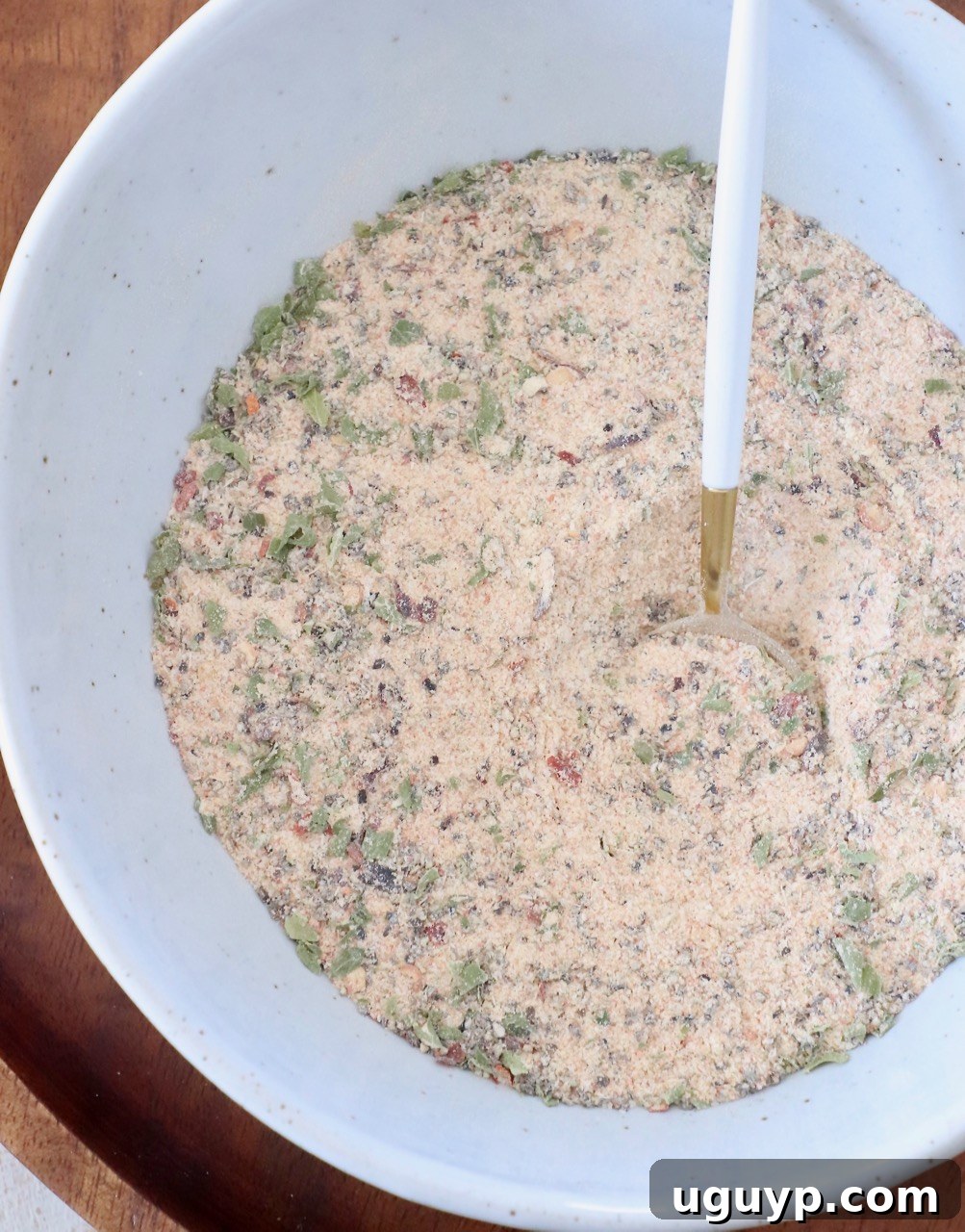 chicken seasoning in white bowl with spoon